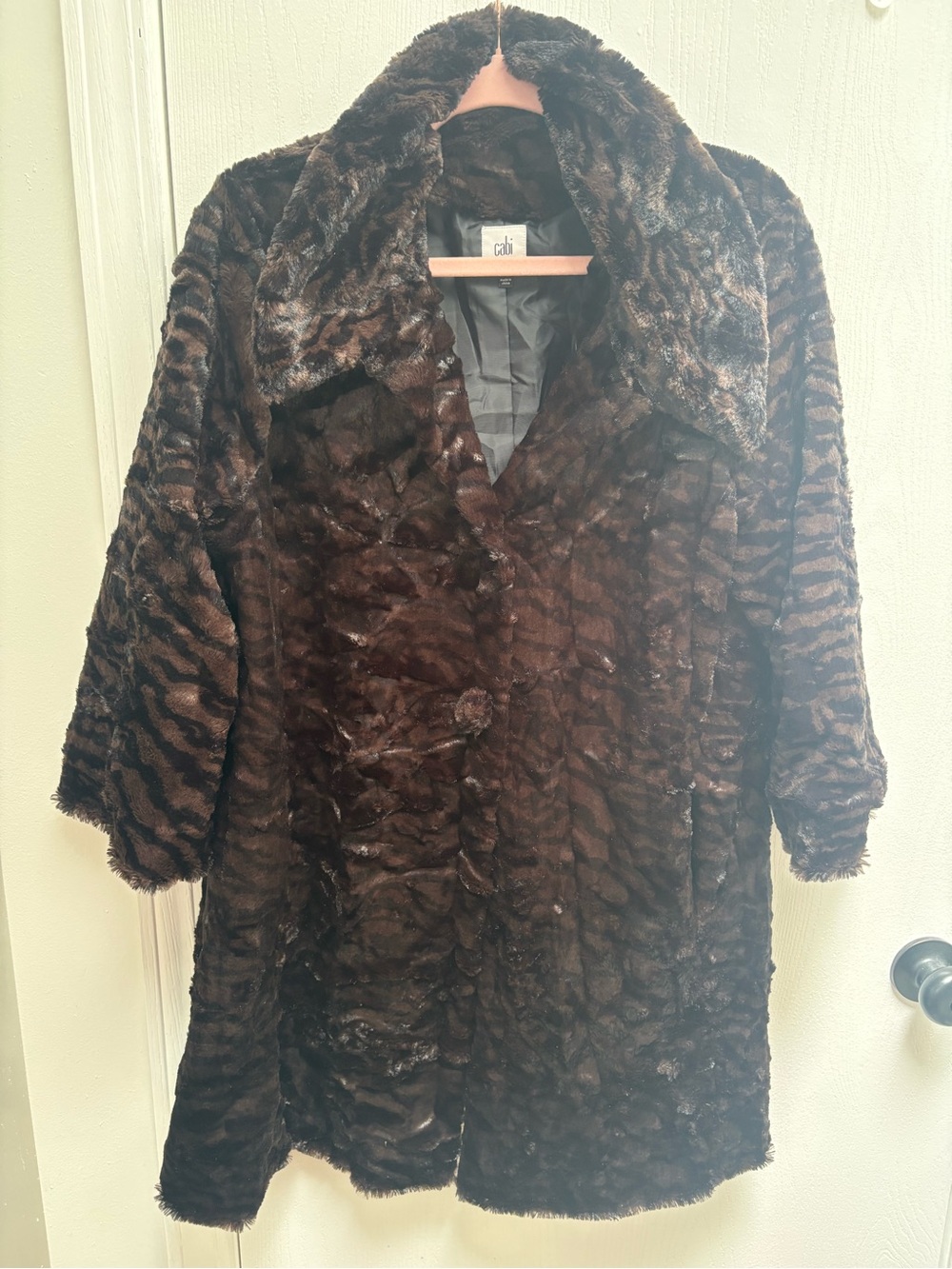 CAbi Plush Faux Fur Coat in Dark Brown with Pink Trim